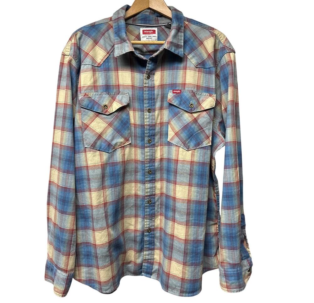 Wrangler Mens Size 2XL Western Long Sleeve Shirt Blue Khaki Plaid Snap Button Up